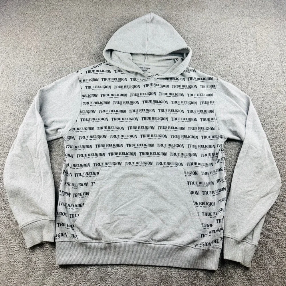 True Religion Hoodie Men L Gray Heather Pullover Sweatshirt All Over Print Urban